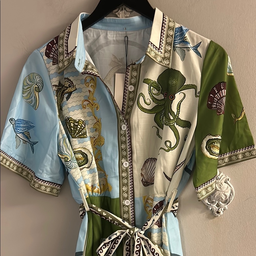 Sea Life Print Button-Up Dress